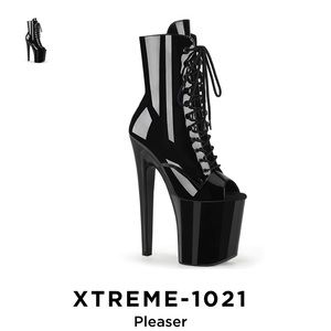 8 inch Black Patent Leather Peep Toe Lace-Up Pleaser Boots w/ side-zipper